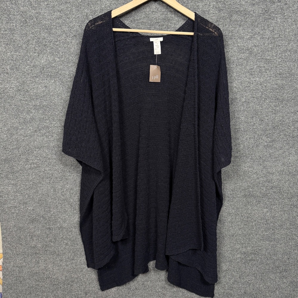 J.Jill Womens One Size Poncho Navy Blue Chunky Knit Shawl Cotton Blend Flowy